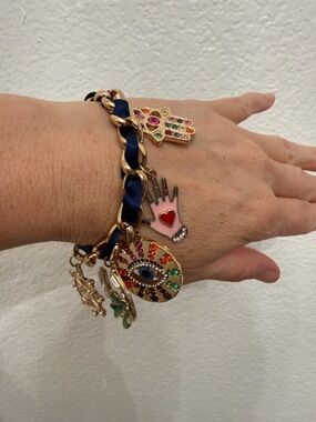 Gold-Tone Charm Bracelet with Blue Ribbon and Multi-Colored Charms and Earrings
